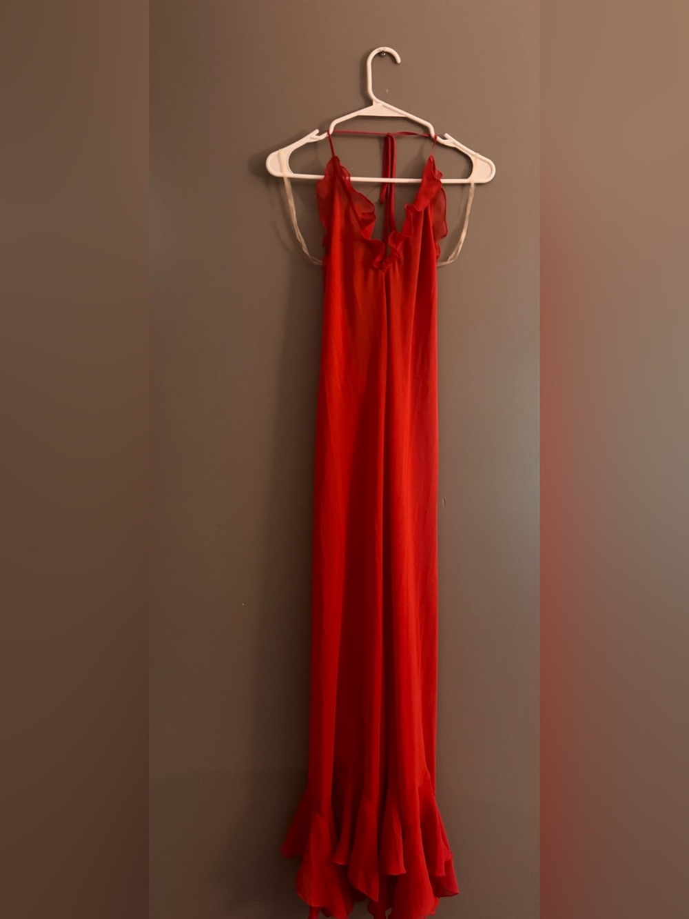 La Vie En Rose Red Ruffle-Trim Sheer Maxi Dress